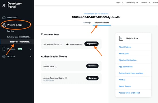 Screen where you can find your consumer keys and regenerate when needed
